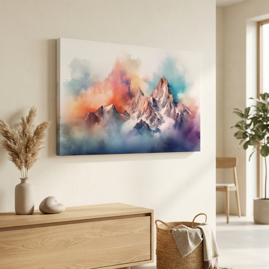 Mockup of Abstract colourful mountain artwork, vibrant effect with clouds and peaks