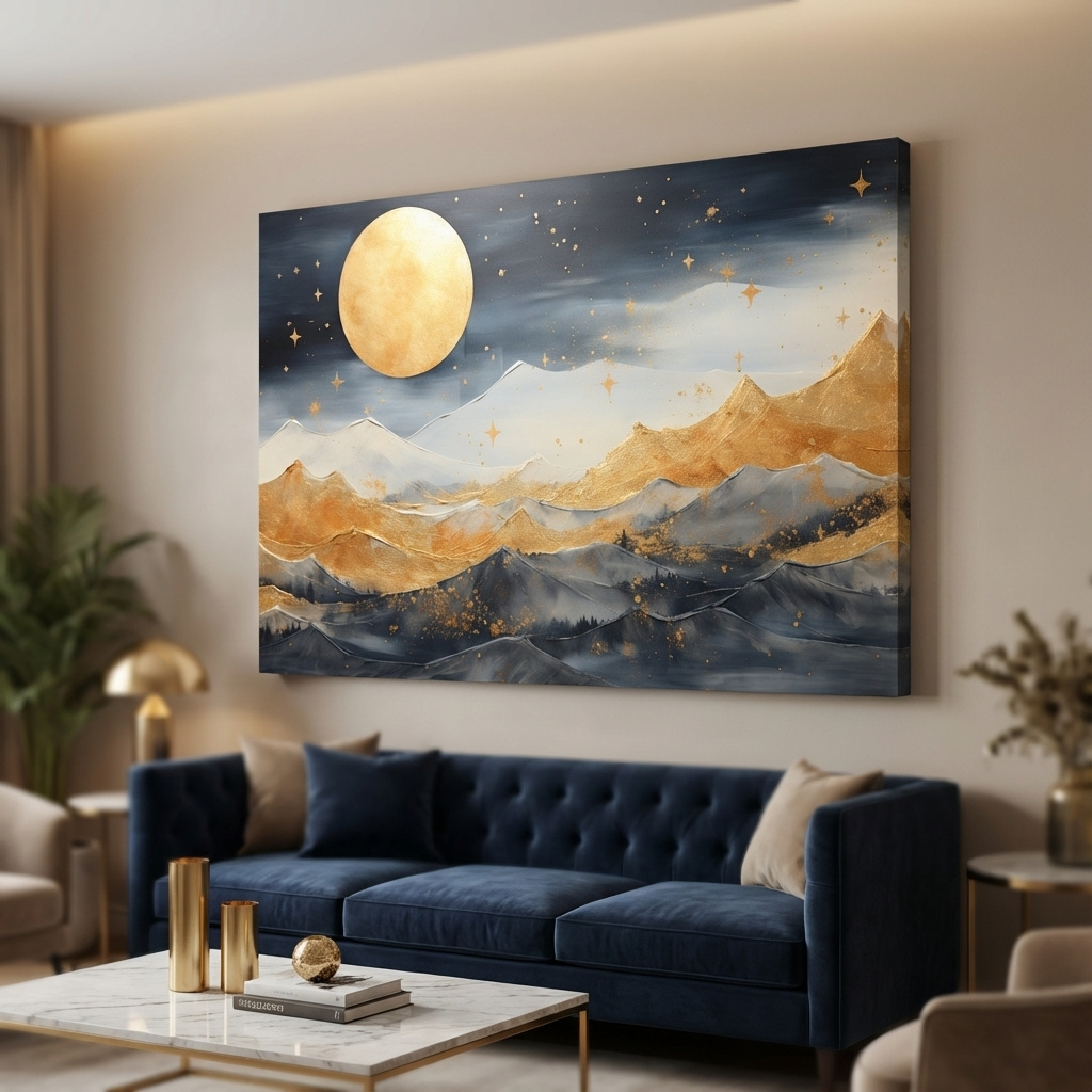 Mockup of Elegant gold painting of mountains under the stars