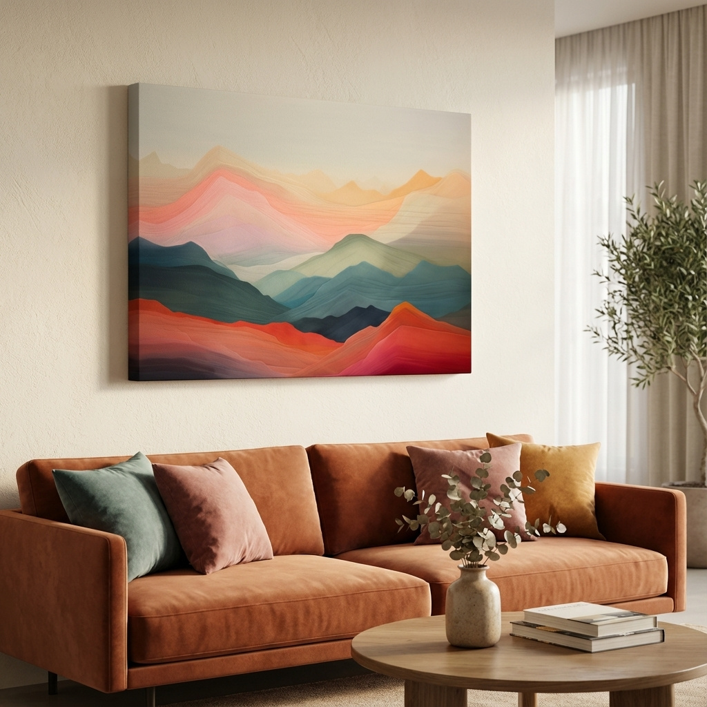 Mockup of Dreamy pastel mountain landscape artwork, layered gradient painting effect