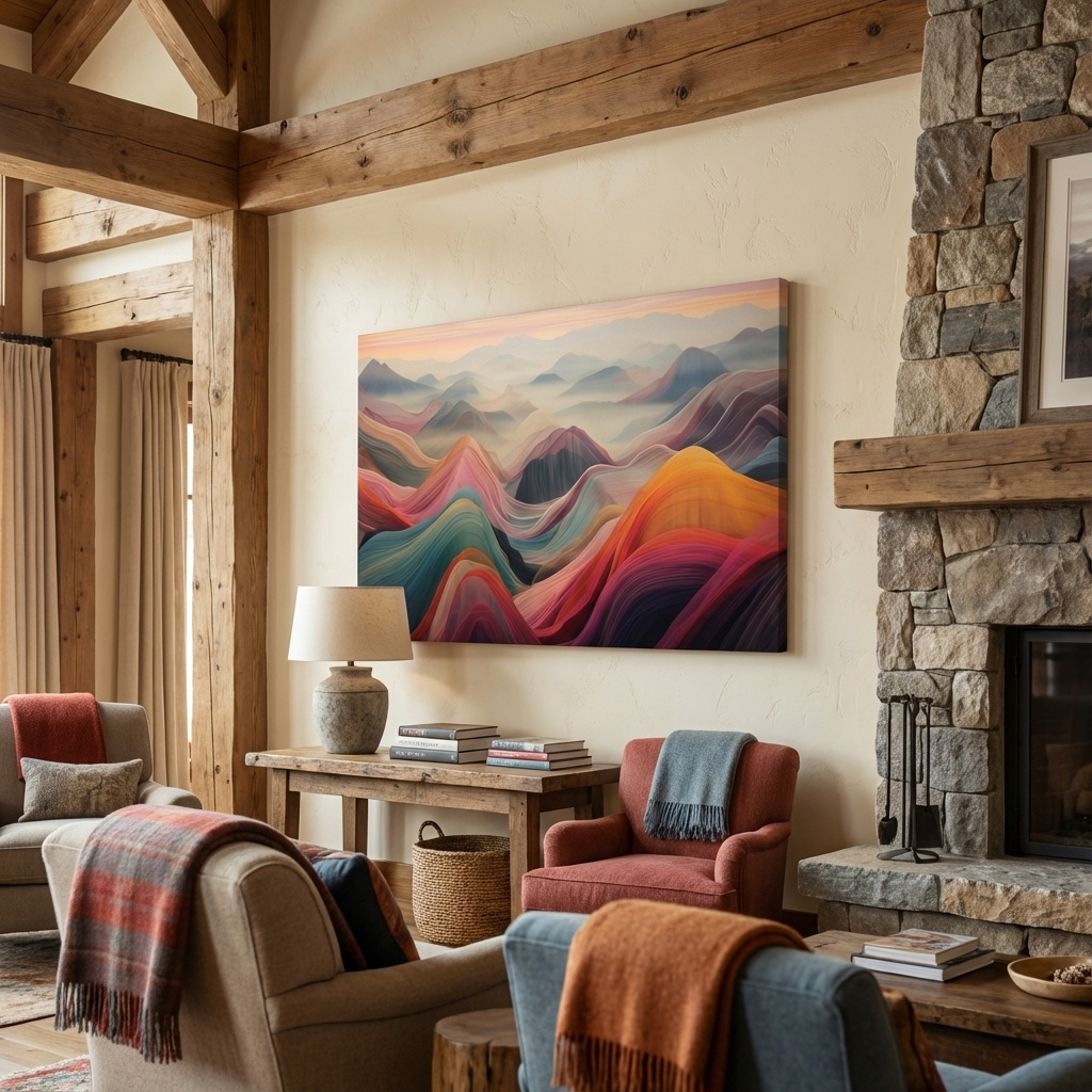 Mockup of Colorful abstract mountain wall art, layered flowing waves effect