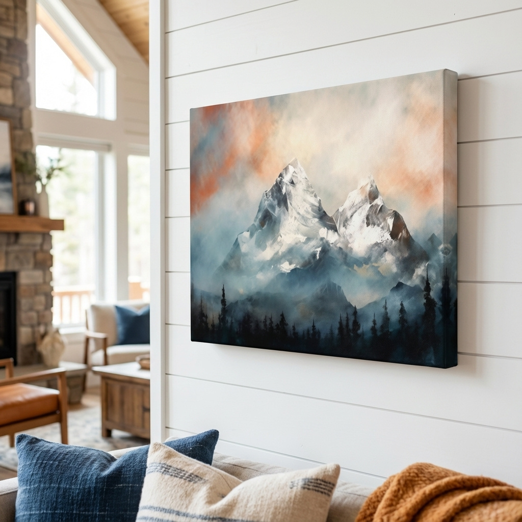 Mockup of Impressionist mountain painting, sunset glacier in the mist