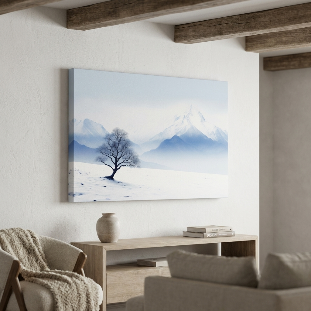 Mockup of Minimalist Snowy Mountain Landscape With Lone Tree - Serene Winter Painting Wall Art