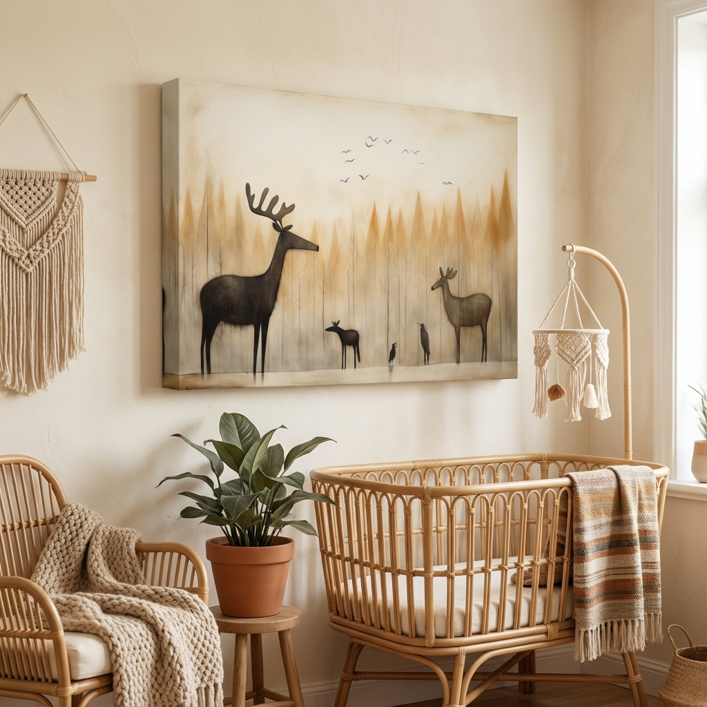 Mockup of Minimalist Woodland Deer Family Illustration - Scandinavian Nursery Forest Wall Art
