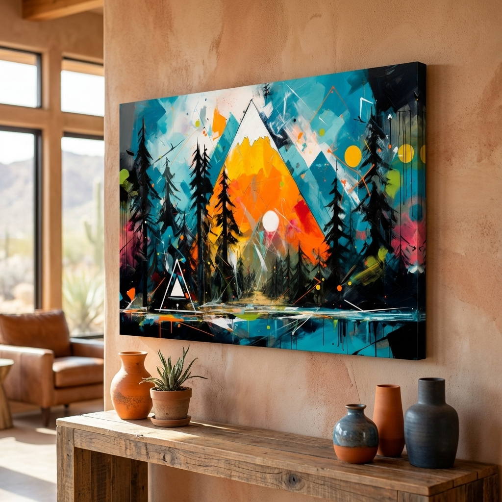 Mockup of Colorful energetic style alpine mountain painting