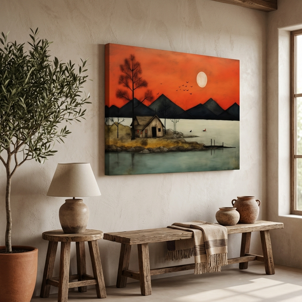 Mockup of Rustic lakeside cabin art at sunset, textured effect wall art painting