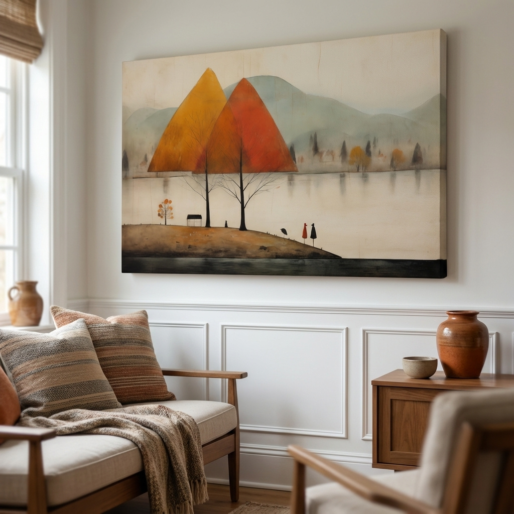 Mockup of Quirky painting of a lakeside mountain scene in fall