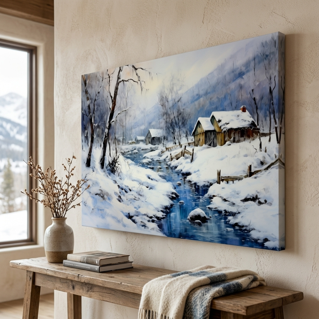 Mockup of Snowy Winter Cabin Stream Landscape - Serene Rustic Wall Art