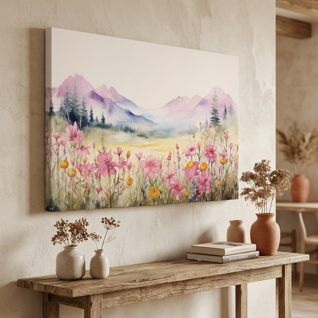 Mockup of Watercolour painting of pastel alpine flowers