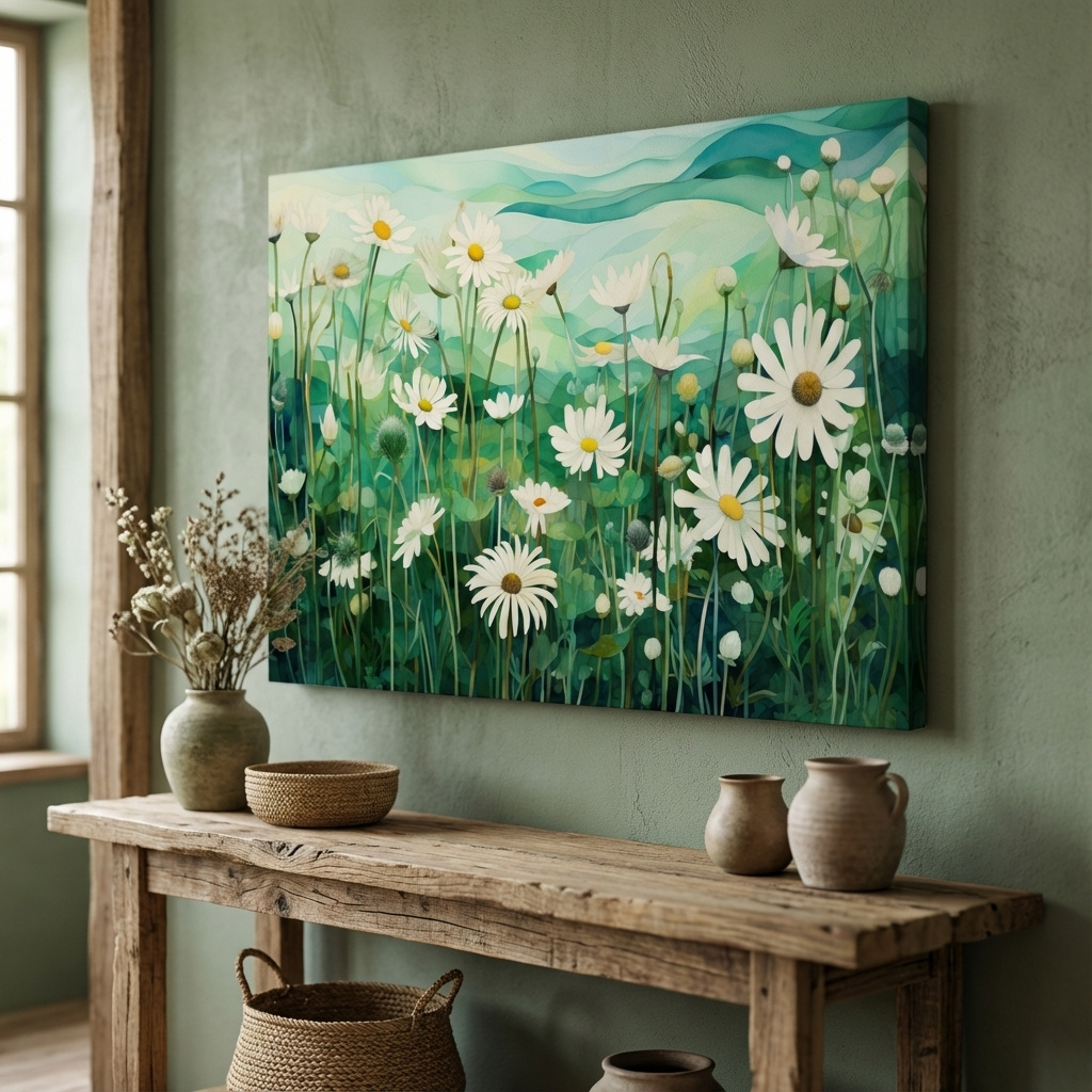 Mockup of Whimsical Wild Daisy Meadow Landscape - Botanical Watercolor Style Wall Art