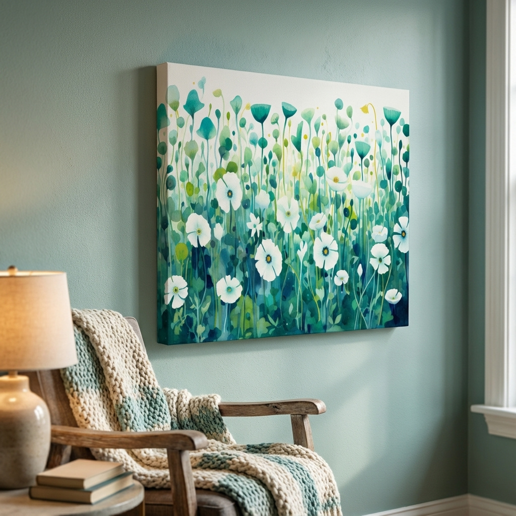 Mockup of Painting of green flower patterns, colorful floral wall art