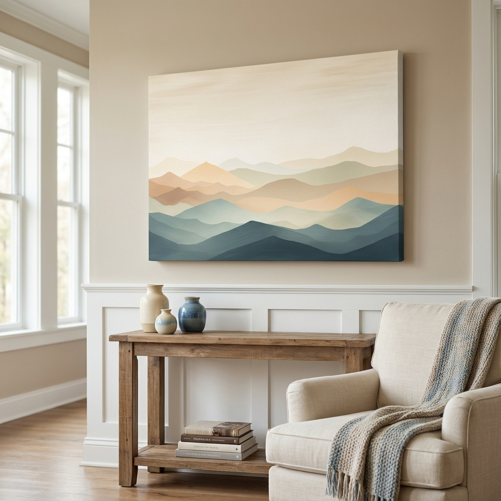 Mockup of Subtle wavy mountain peaks painting, pastel colored wall art