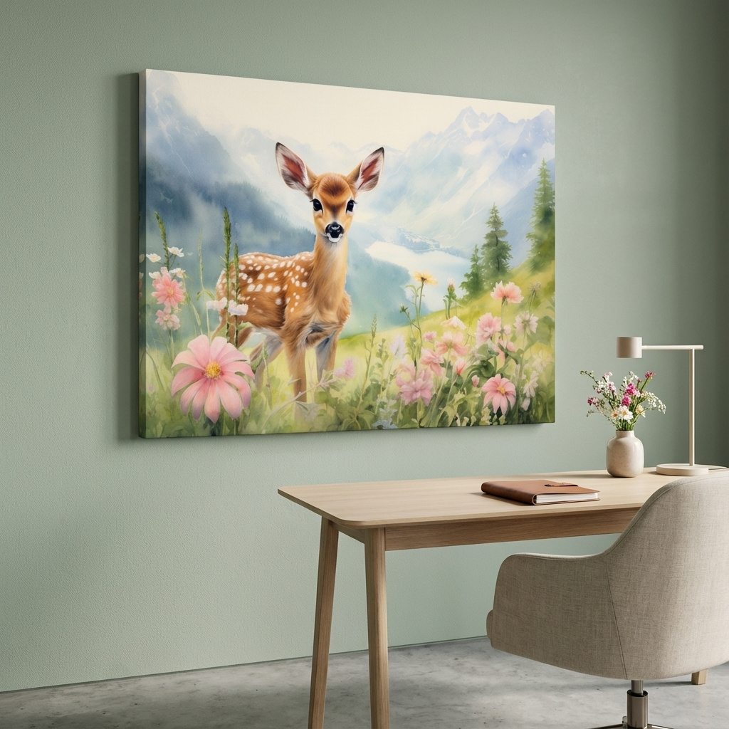Mockup of Painting of a deer fawn in the alpine meadows