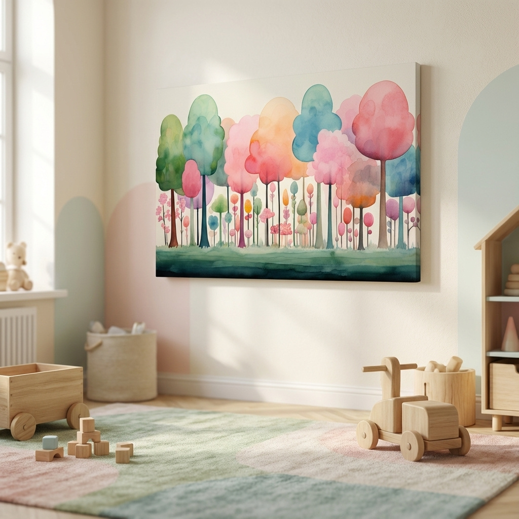 Mockup of Watercolour painting of a dreamy colourful forest