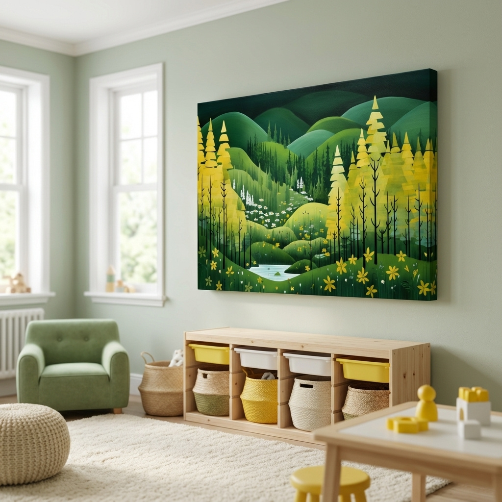 Mockup of Painting of a pine autumn forest and rolling green hills