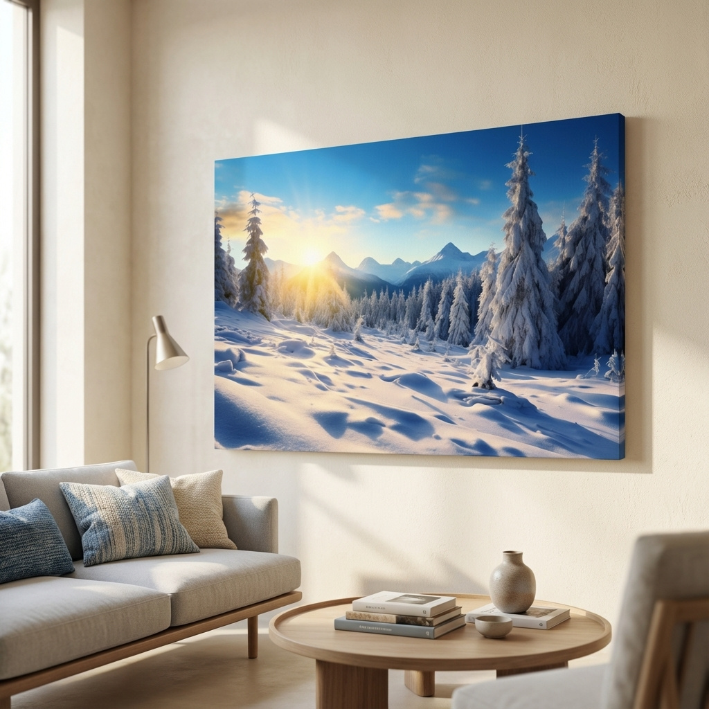 Mockup of Sunshine on the alpine snow forest, photography art