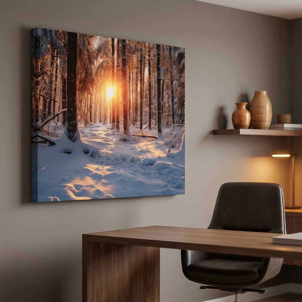 Mockup of Snow covered forest at sunset, photograph