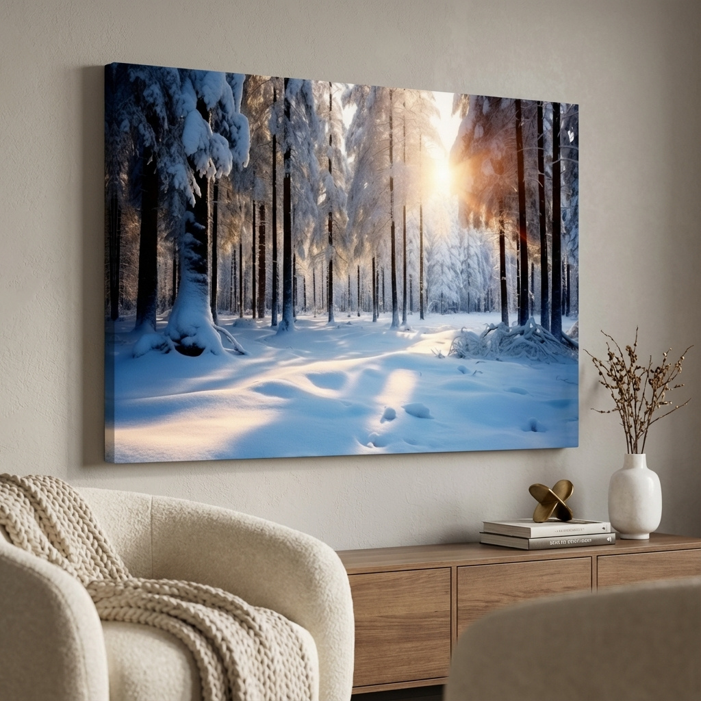 Mockup of Sunlit Snowy Pine Forest Landscape - Serene Winter Nature Wall Art