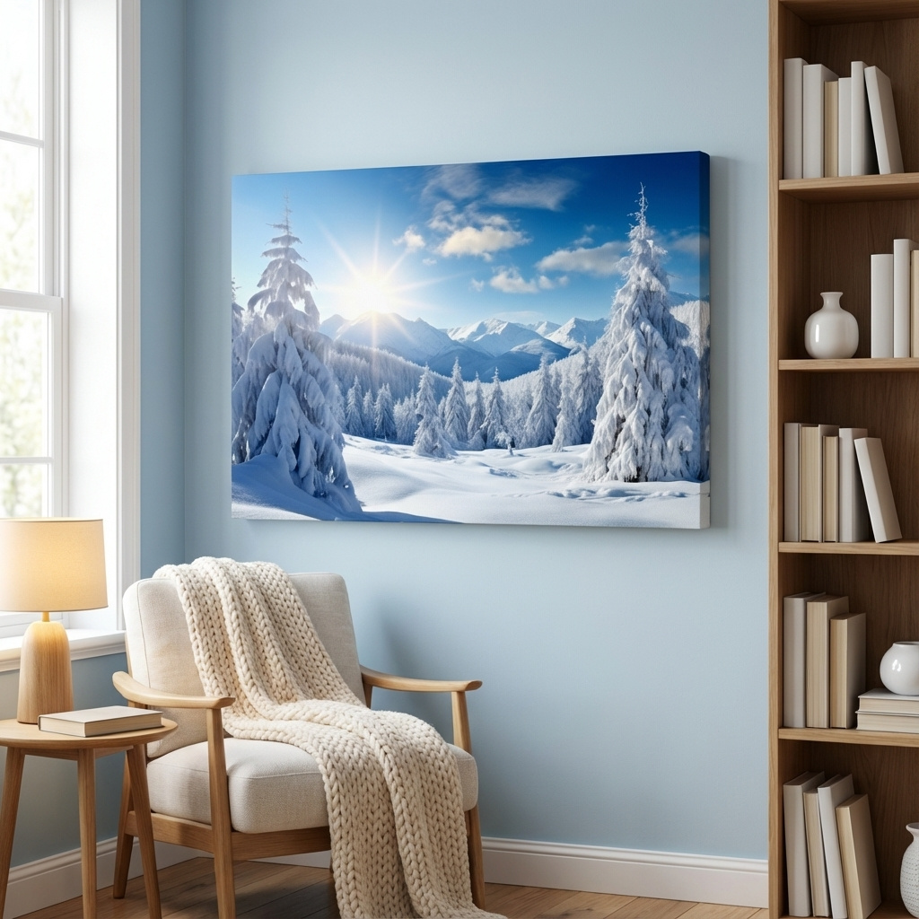 Mockup of Photograph of a snow covered forest and a clear blue sunny sky