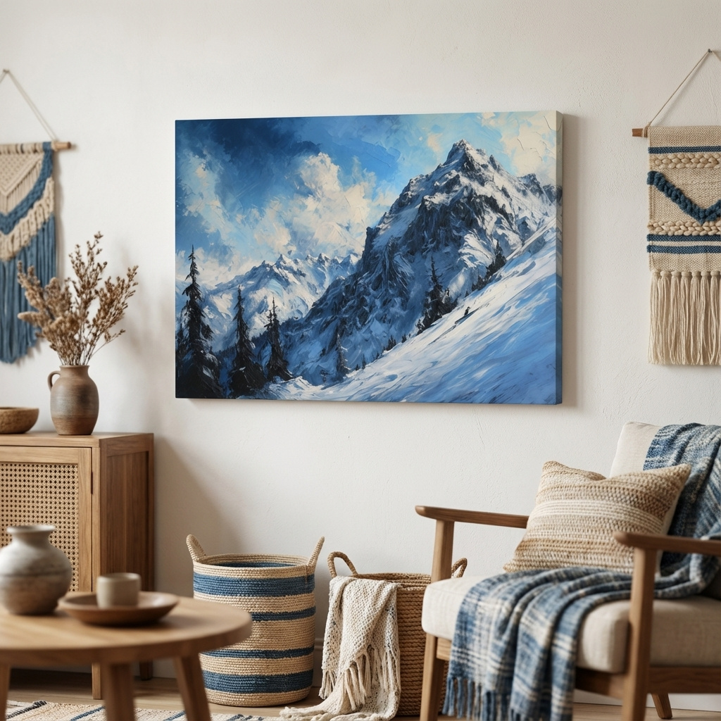 Mockup of Textured oil painting of alpine snowy mountain