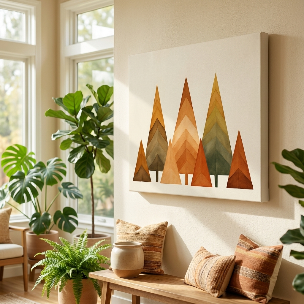 Mockup of Bohemian style art, minimal forest, triangular trees