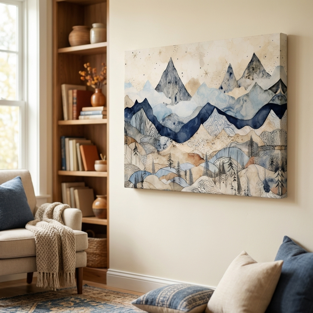 Mockup of Surreal alpine mountain landscape art, patchwork style artwork