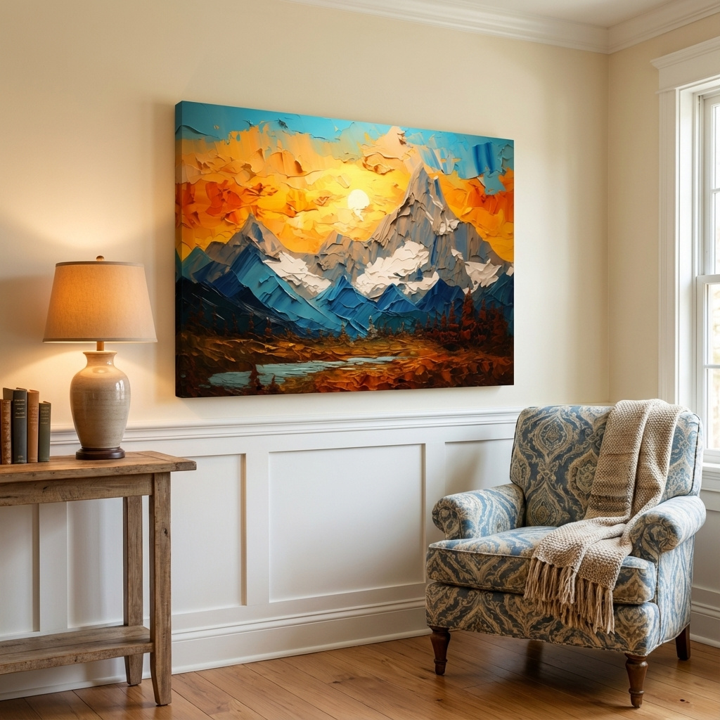 Mockup of Colorful sunset mountain art, thick textured palette knife painting effect print