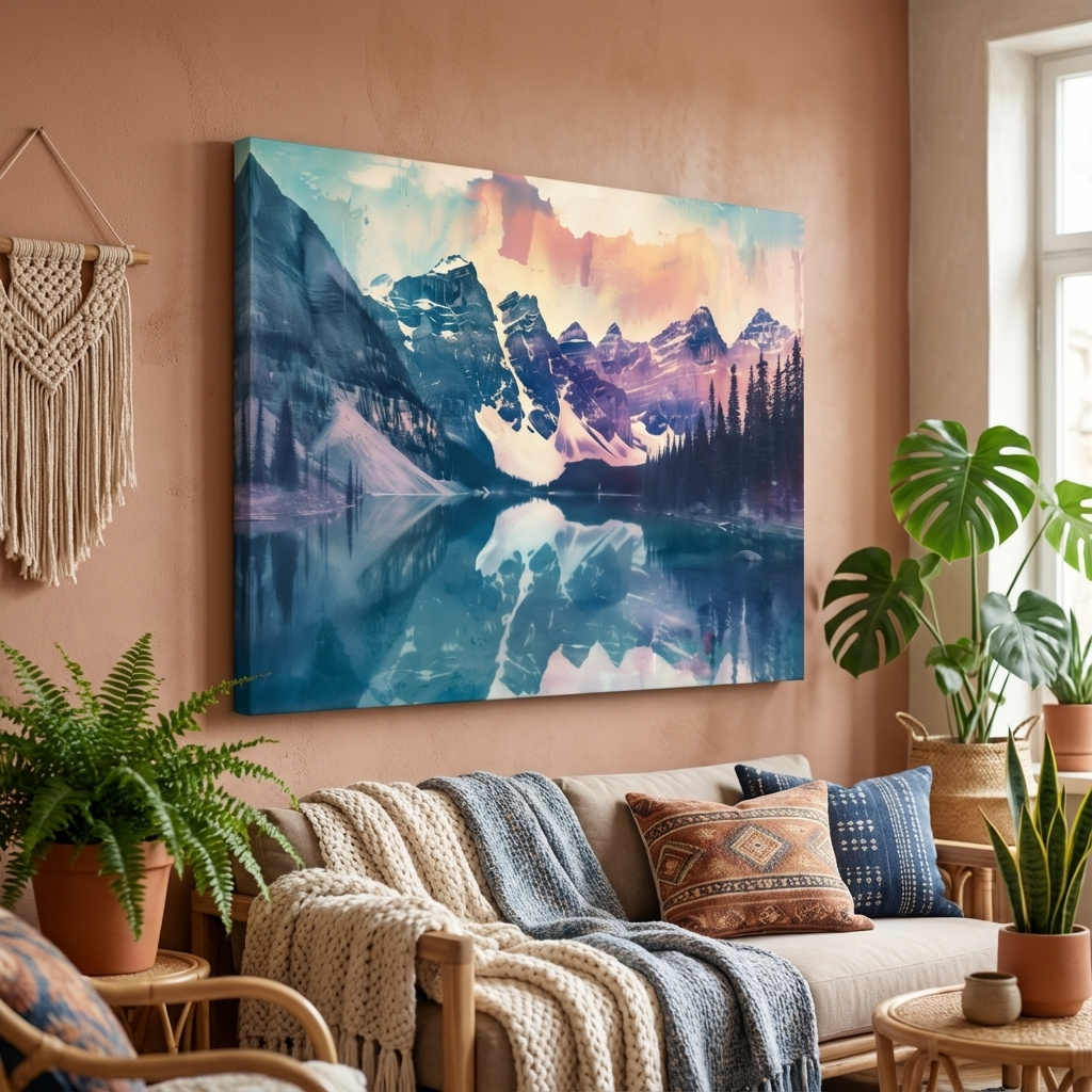 Mockup of Valley of the Ten Peaks, Moraine Lake Banff. Watercolour painting postcard style mountain artwork