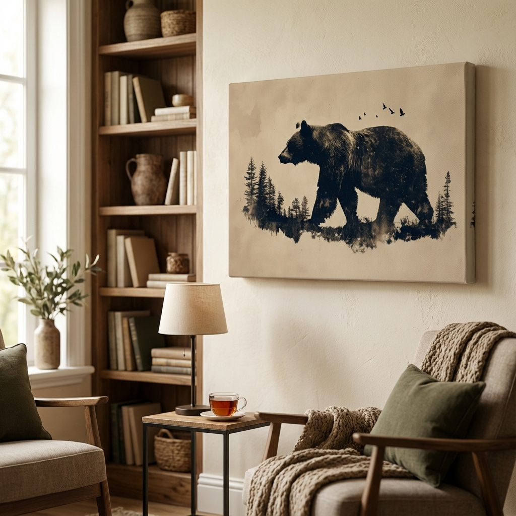 Mockup of Grizzly bear artwork print, vintage style silhouette