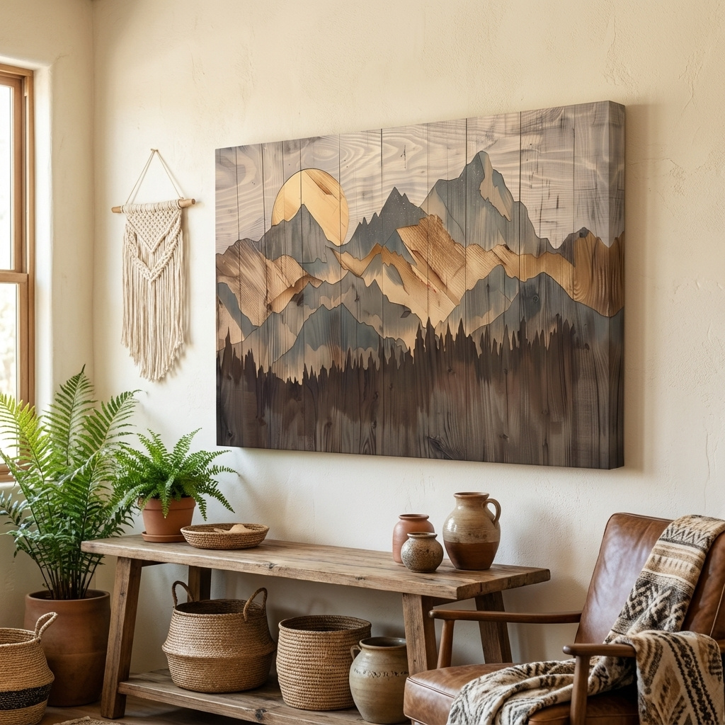 Mockup of Rustic mountain artwork, painting on wood panel effect