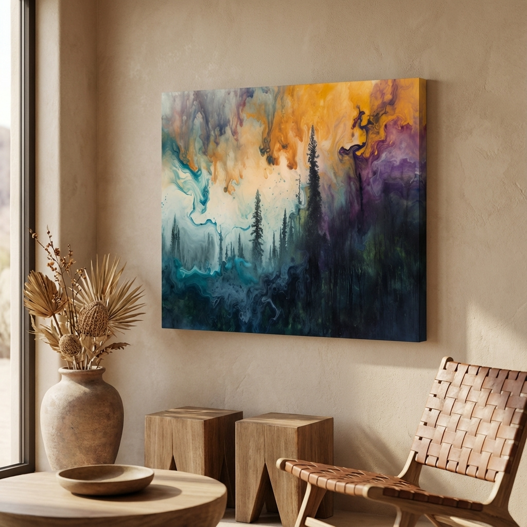 Mockup of Abstract foggy forest painting, swirling colors and smoke