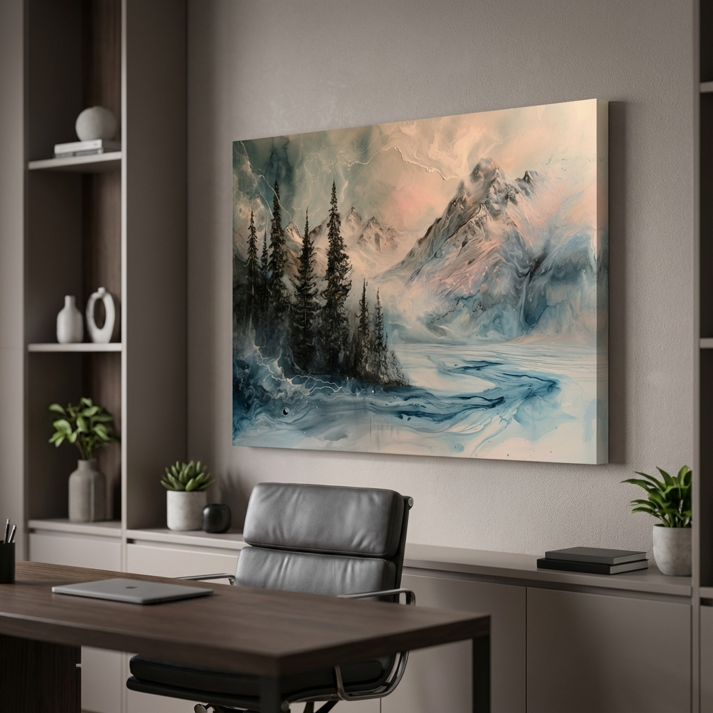 Mockup of Ethereal Mountain Lake Alpine Forest - Moody Abstract Alcohol Ink Wall Art