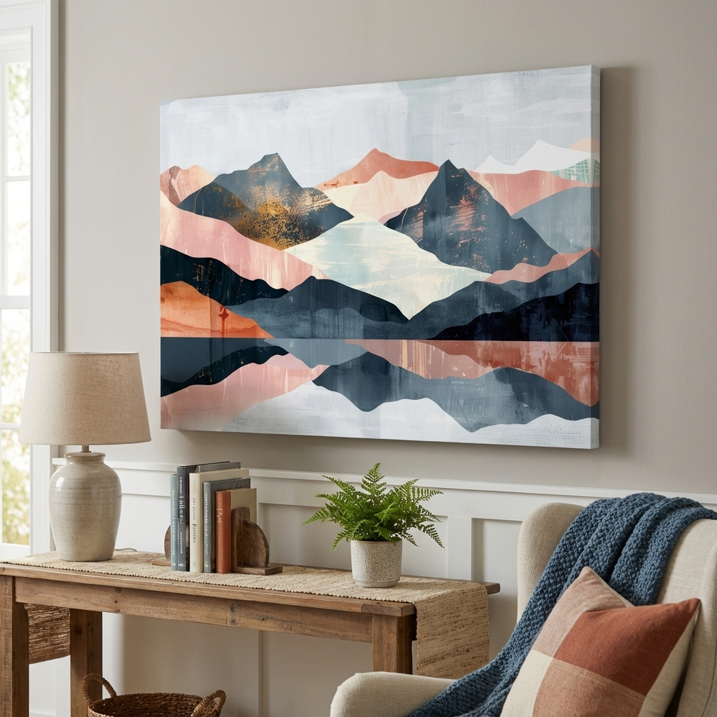 Mockup of Abstract mountain painting, mid century style artwork