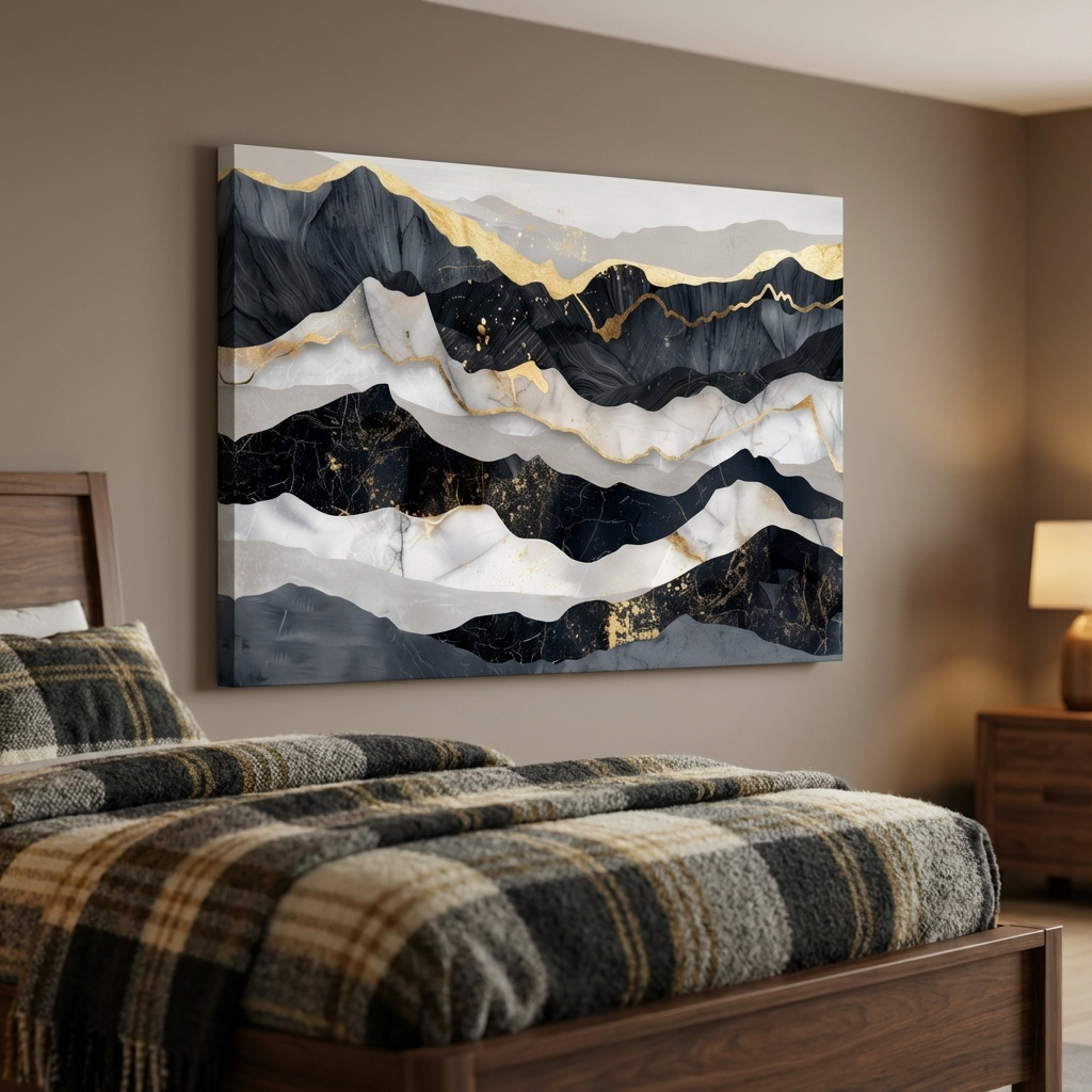 Mockup of Abstract elegant artwork, layered mountain ridgelines, gold leaf style modern wall art
