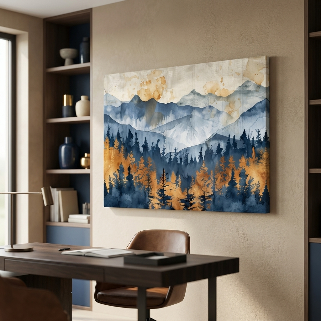 Mockup of Abstract textured mountain and forest watercolour painting artwork, large format