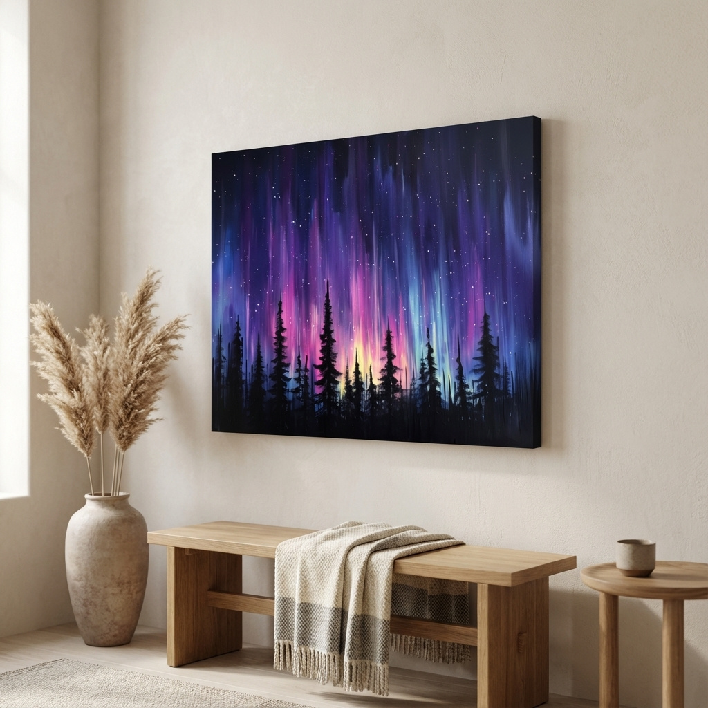 Mockup of Painting of silhouetted trees against purple and pink northern lights sky