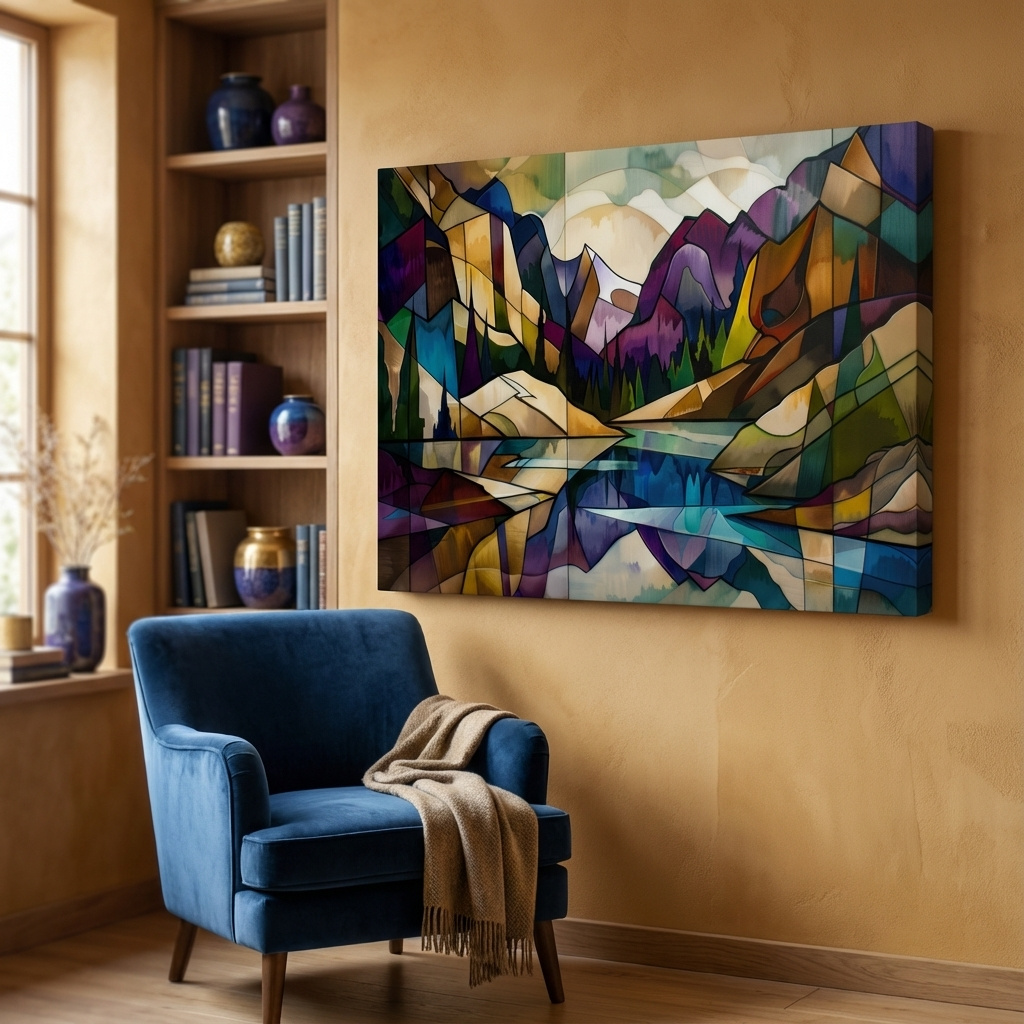 Mockup of Alpine lake mountain art, colorful abstract leadlight style painting