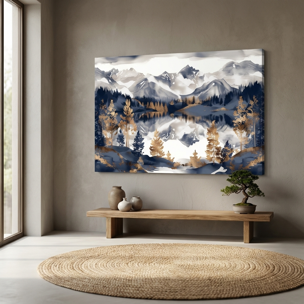 Mockup of Gold leaf style alpine lake and mountain wall art painting