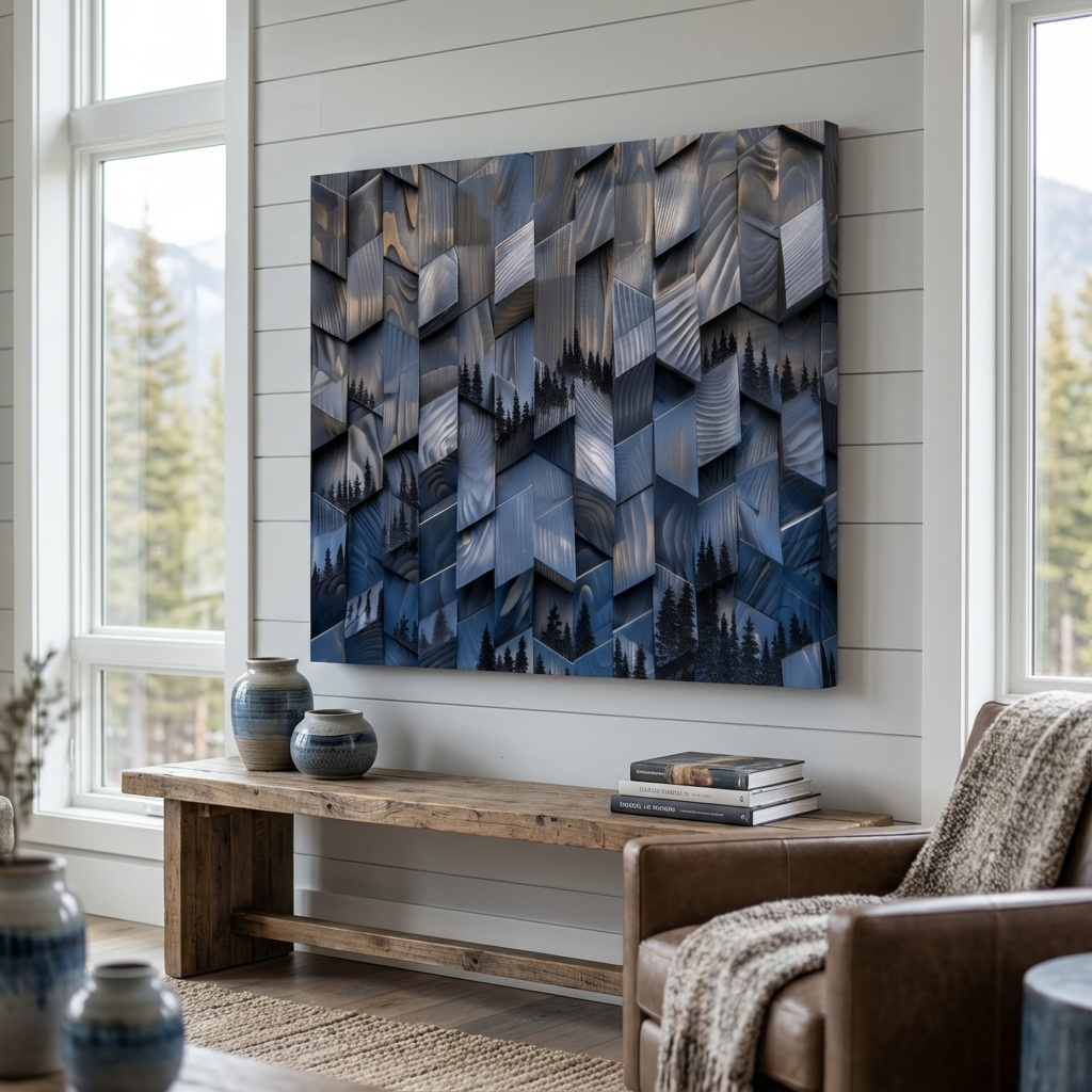 Mockup of Alpine tree artwork, fragmented geometric wooden cubes pattern, 3d depth effect