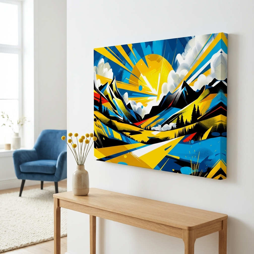 Mockup of Graffiti style sunset mountain wall art, vibrant bright colorful artwork