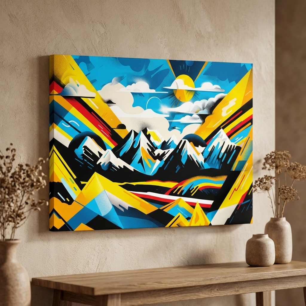 Mockup of Vibrant bright colorful sunset mountain wall art, graffiti style illustration artwork