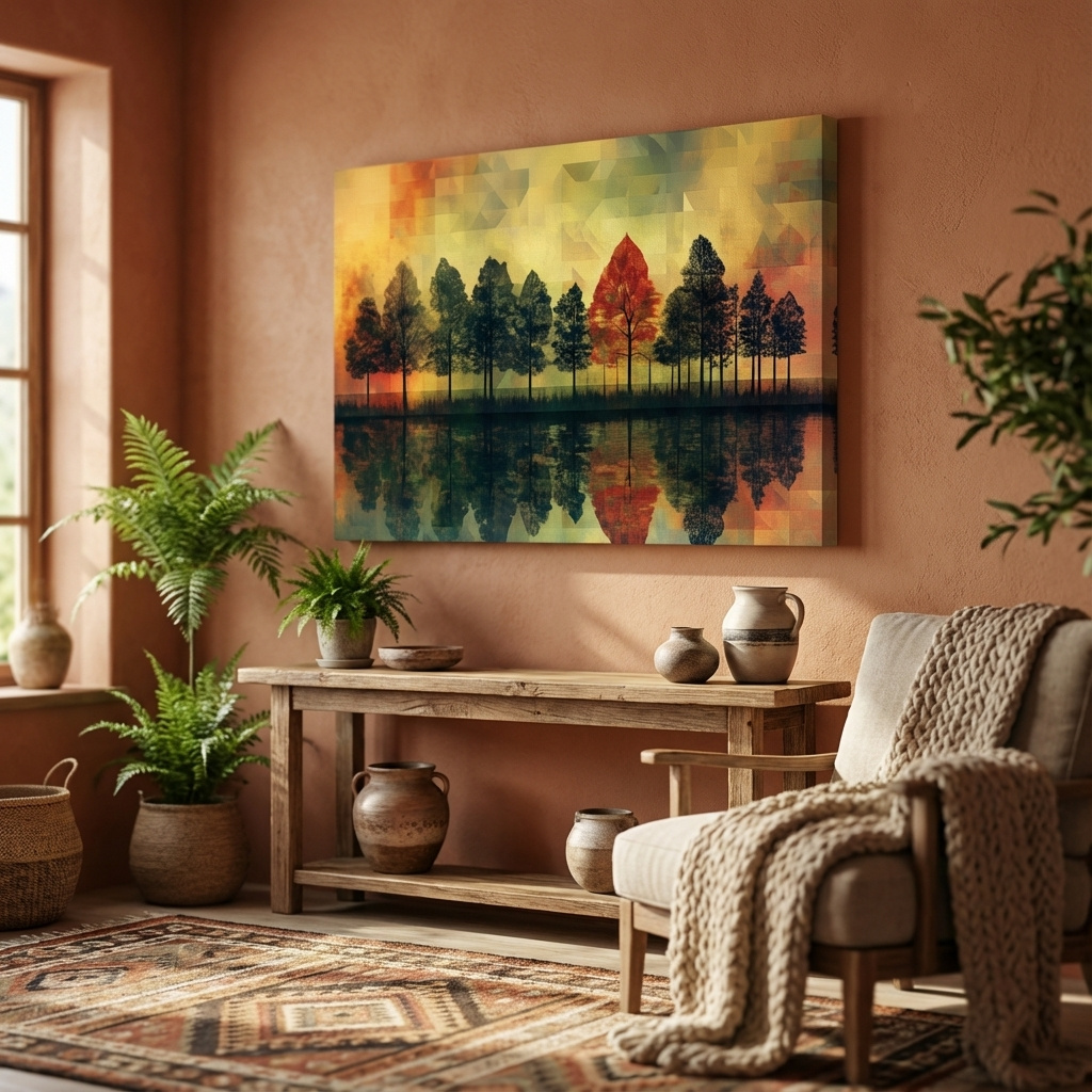 Mockup of Autumn forest treeline reflections on a lake, mosaic style painting artwork