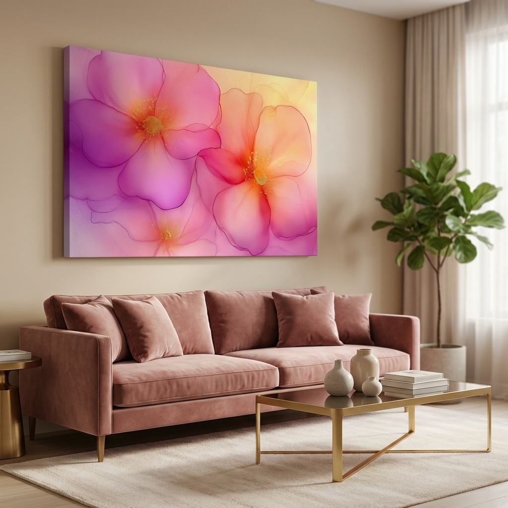 Mockup of Vibrant Pink Blossom Watercolor Illustration - Modern Floral Wall Art