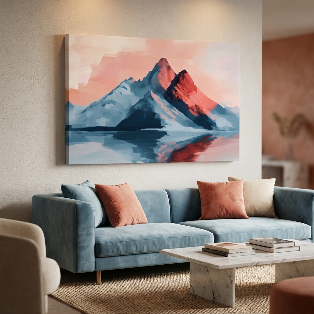 Mockup of Pastel Alpine Mountain Sunset Painting - Glacier Reflection Wall Art