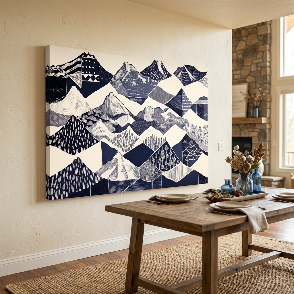 Mockup of Linocut Patchwork Mountain Range Illustration - Modern Landscape Artwork