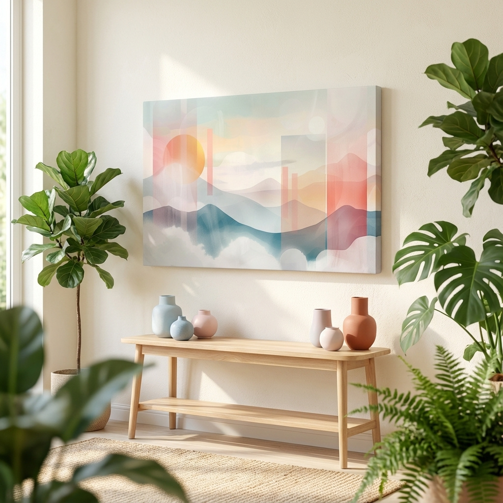 Mockup of Abstract Pastel Mountain Sunrise Watercolor - Minimalist Geometric Wall Art