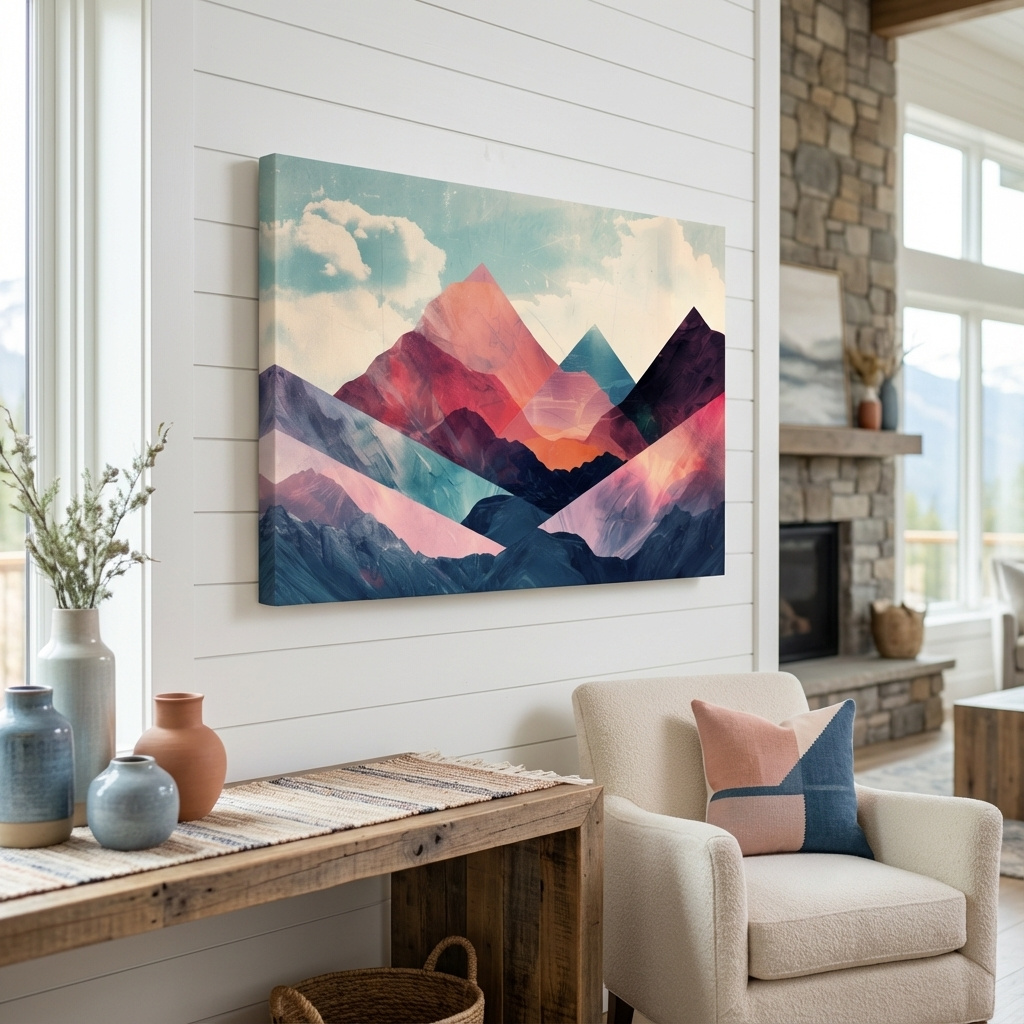 Mockup of Vibrant Geometric Mountain Peaks - Modern Abstract Collage Wall Art