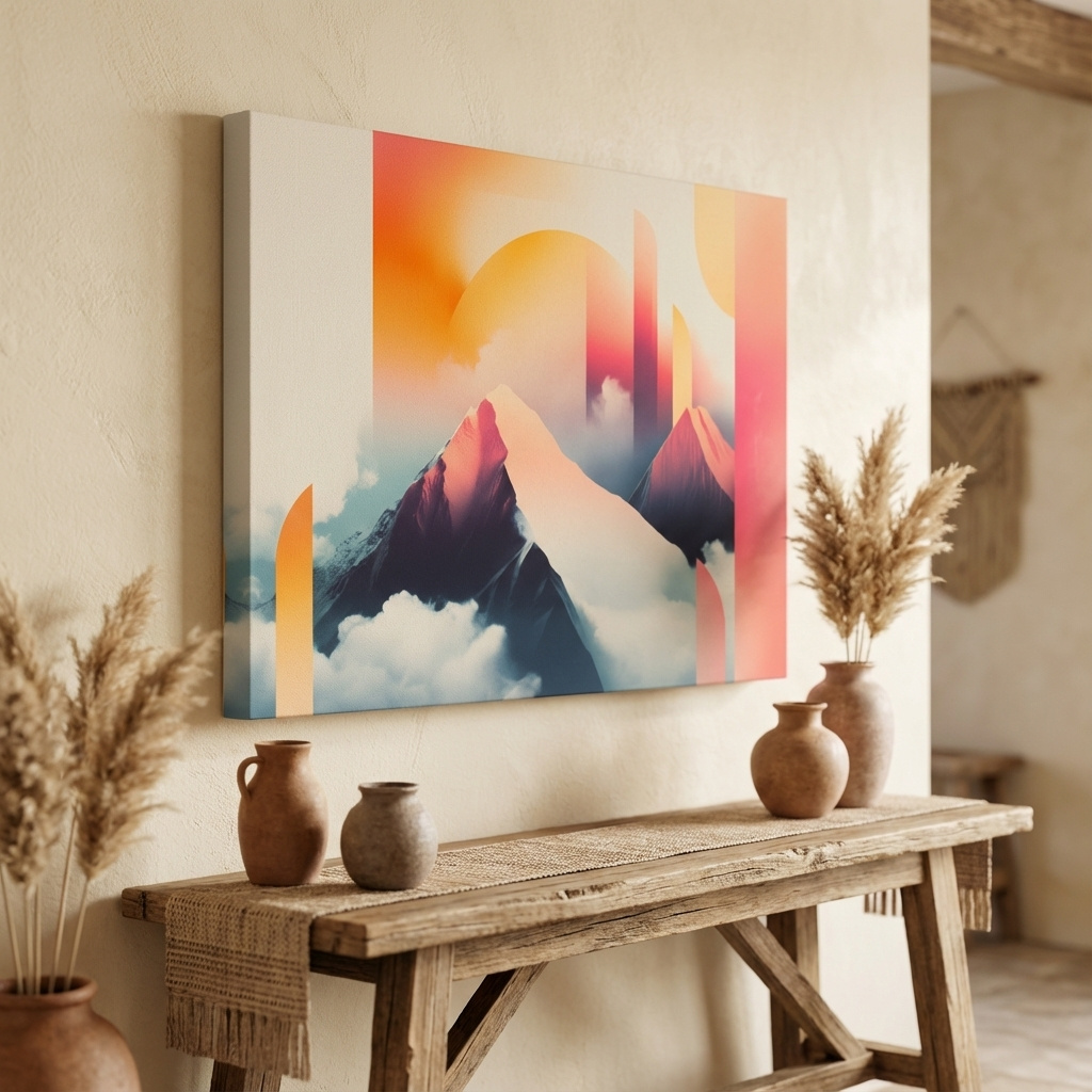 Mockup of Abstract Rerto Sunrise Mountain Peaks - Modern Ski Poster Wall Art