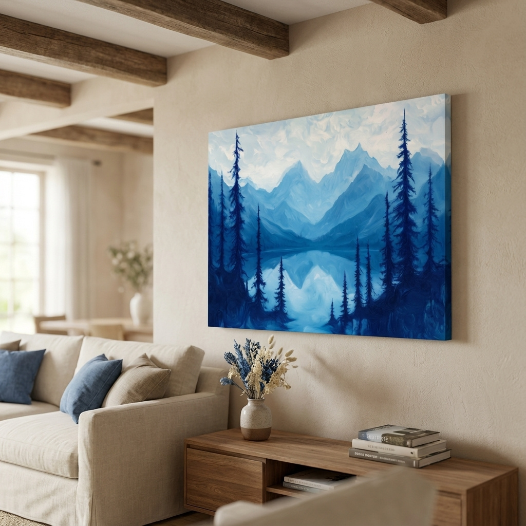 Mockup of Serene Blue Mountain Lake Oil Painting - Alpine Forest Landscape Artwork