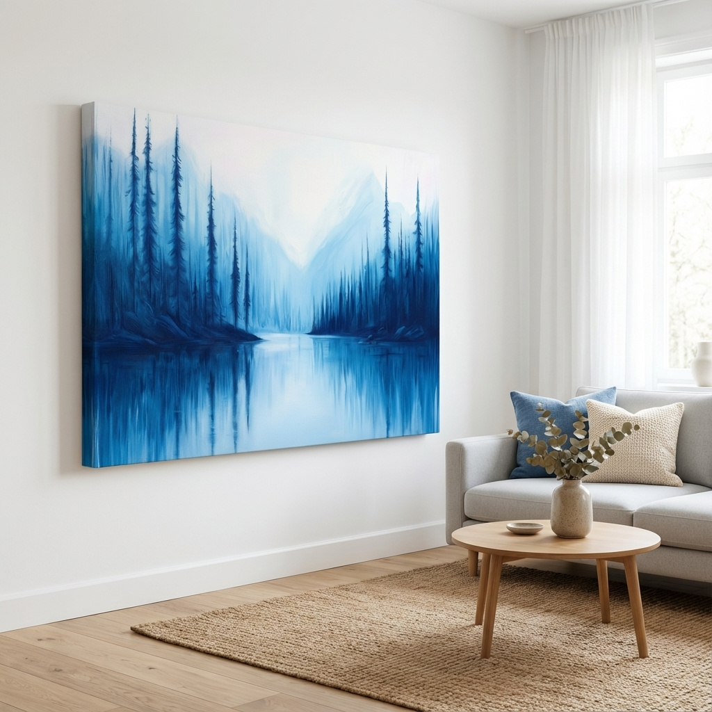 Mockup of Misty Blue Alpine Lake & Pine Forest - Impressionist Landscape Painting Artwork