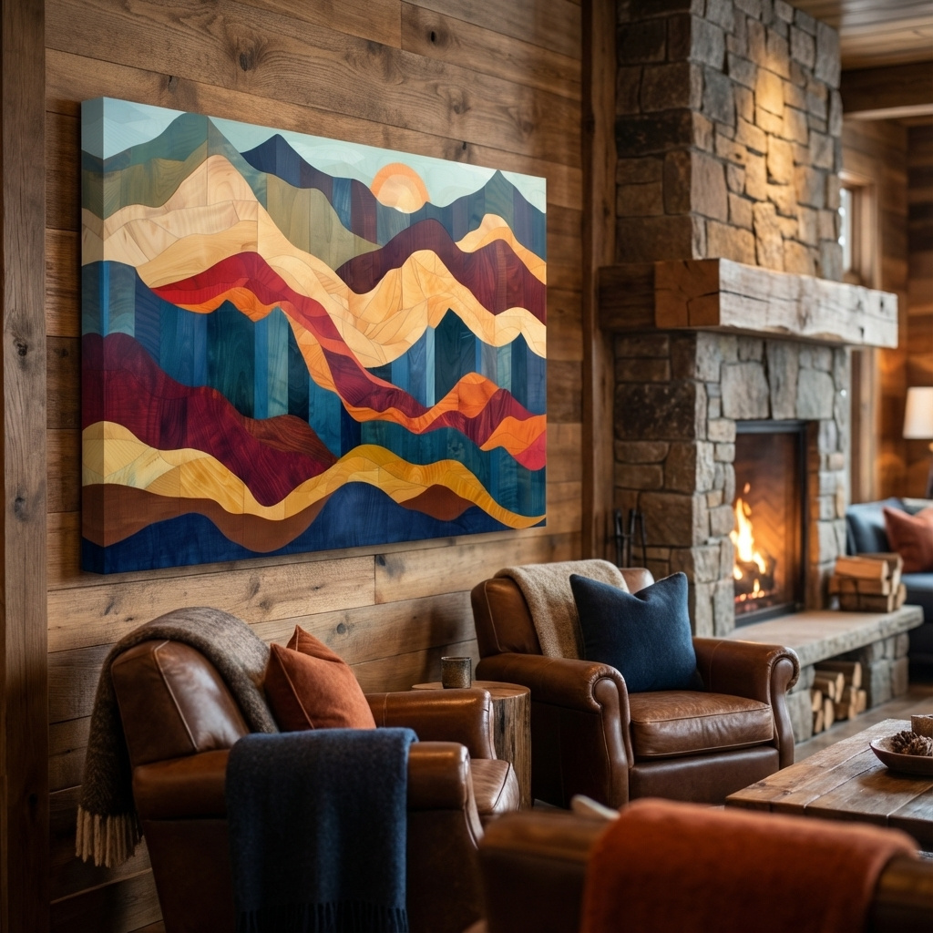 Mockup of Layered Abstract Mountain Sunset Woodgrain - Mid Century Modern Wall Art